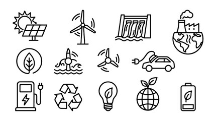 Fototapeta premium Outline icon set for renewable energy and environmental themes