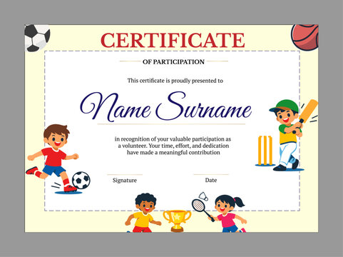 Kids sports certificate designed with playful illustrations of children enjoying soccer, cricket, and badminton. This cheerful design celebrates volunteering spirit, highlighting dedication 