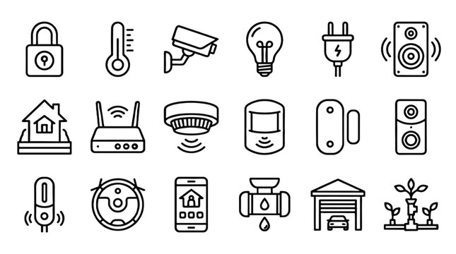 Set of smart home outline icons with security and automation