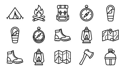 Camping outline icon set with tent backpack compass and gear © Alan