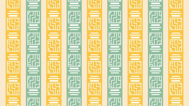 Seamless loop animation of an abstract pattern moving up and down on warm green and orange pastel stripes featuring historic ancient civilization art symbols
