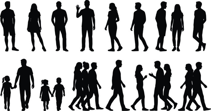 Large collection of black vector silhouettes featuring diverse people, couples, and parents with children standing and walking