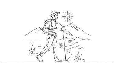 Fototapeta premium One Continuous drawn single art line doodle drawing sketch tourist hiking backpack picnic.