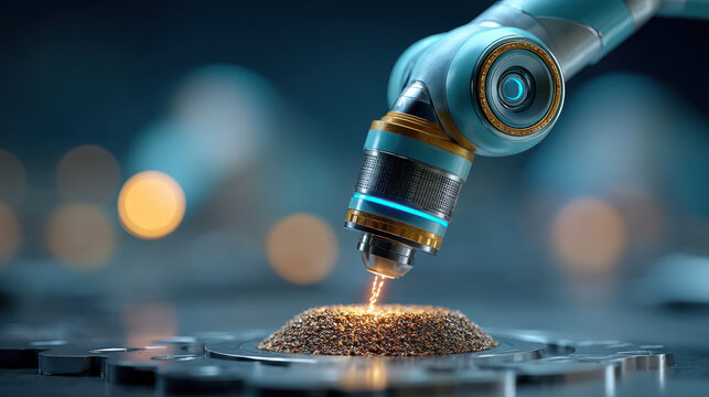 Laser cutting industrial robot metal spark manufacturing automation rare earth minerals processed as molten metal pile laser head for precision