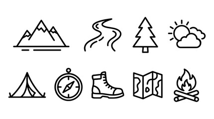 Set of landscape and camping outline icons in linear style © Alan