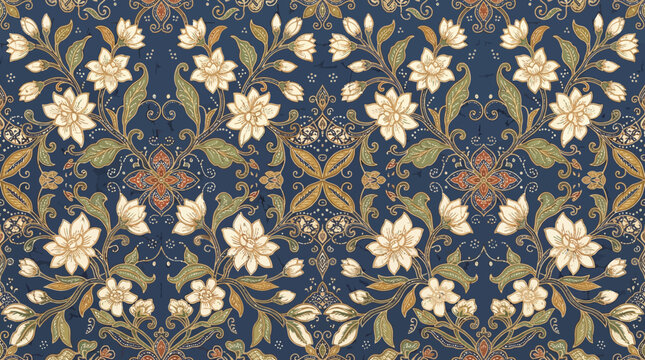 Elegant blue floral batik seamless pattern with vintage ornamental lotus design