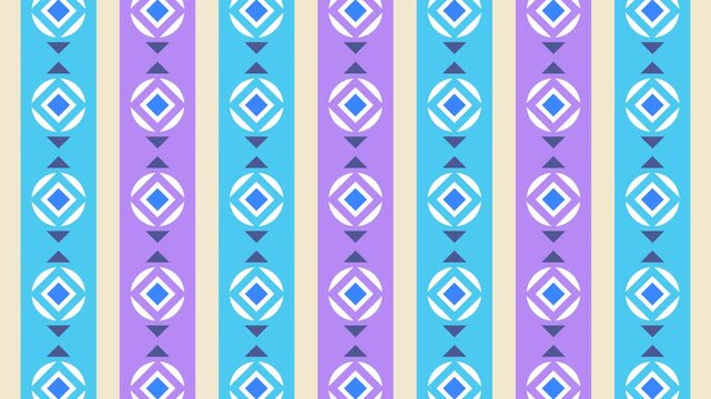 Seamless loop animation of an abstract geometric pattern on blue and purple stripes moving up and down smoothly featuring diamond and circle layout shapes