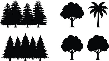 Set of black vector silhouettes featuring rows of pine trees deciduous green trees and a single palm tree © MdAbdur