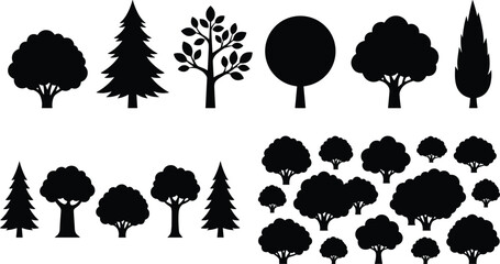 Set of vector tree silhouettes featuring different types of deciduous and coniferous forest trees isolated on white background © MdAbdur