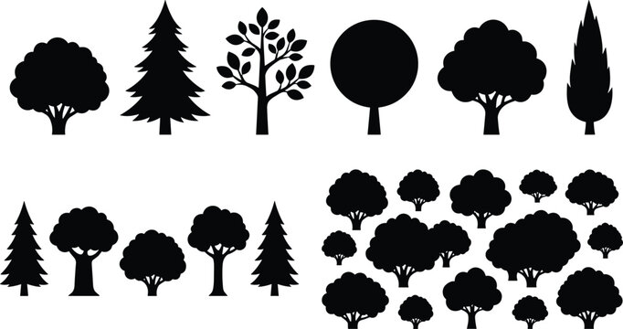 Set of vector tree silhouettes featuring different types of deciduous and coniferous forest trees isolated on white background