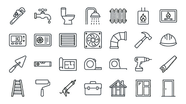 Outline icon set for plumbing heating ventilation and tools