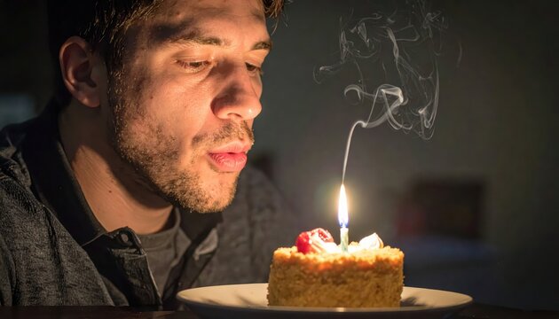 Man blowing out a single lit birthday candle on a small personal cake with smoke rising