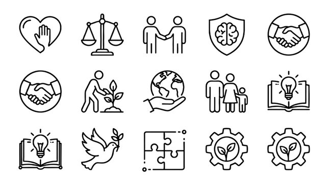 Set of outline icons for values, ethics, trust, and sustainability