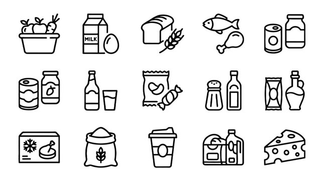 Set of outline icons for food product categories and groceries