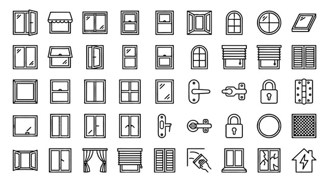 Set of outline window and hardware icons in linear style