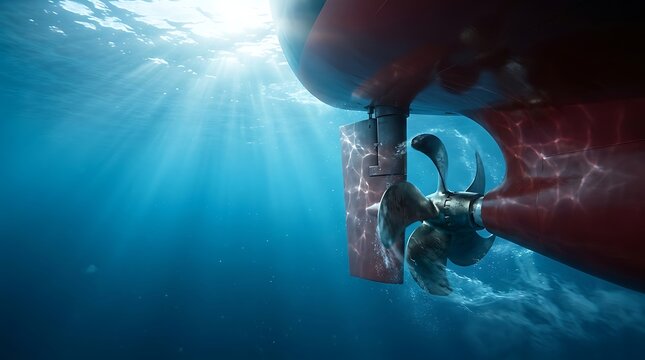 Underwater view of a large red ship hull with a spinning metal propeller in clear blue ocean water illuminated by sun rays.