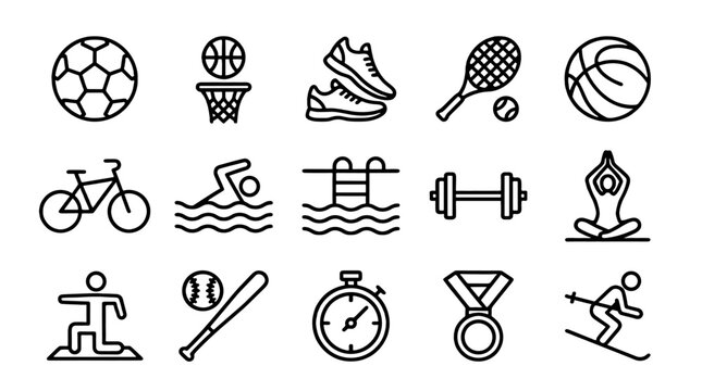 Set of outline sport icons with balls, fitness and outdoor activities