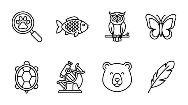 Set of zoology outline icons with animals and microscope