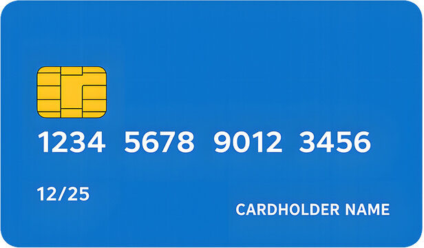 Vector flat illustration of blue credit card with a chip. Cartoon style design of blue payment card for online shopping. Concept of fintech banking finance. Modern graphic of card icon isolated on whi