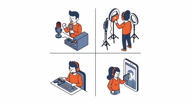 Creator economy kit with podcaster vlogger gamer and influencer for social media video content streaming broadcast