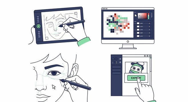 A professional artist is drawing on a graphic tablet and then exporting the final digital illustration
