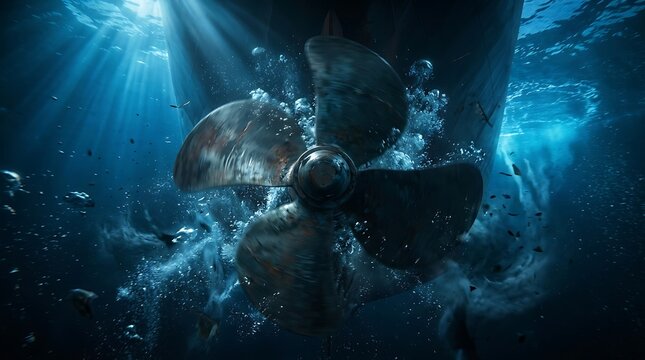 Dramatic close up of a spinning ship propeller underwater generating massive turbulence and cavitation bubbles in the dark ocean.