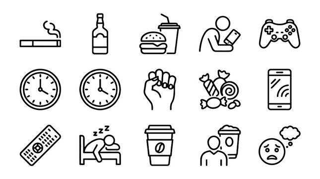 Outline icon set of bad habits and unhealthy daily behaviors