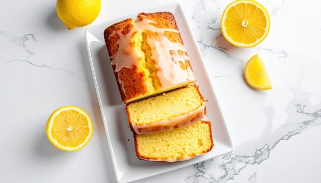 Perfectly Sliced Lemon Drizzle Loaf Cake with Zesty Glaze on a White Plate