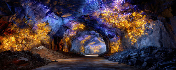 Naklejka premium Rare earth minerals cave tunnel glowing crystal light fantasy landscape background