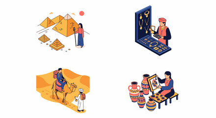 Fototapeta premium Isometric vector illustration collection of Egyptian culture featuring the Great Pyramids camel riding desert bazaar jewelry shopping and traditional pottery painting craft scenes