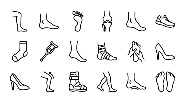 Set of outline icons for leg, foot, shoe and ankle care