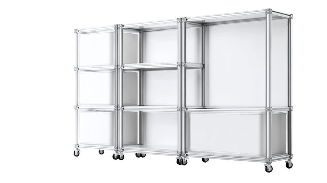 Modular aluminum extrusion shelving system on caster wheels with open cube compartments