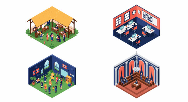 Diverse Education Styles Set Outdoor Learning Computer Lab School Classroom Study University People Vector Knowledge