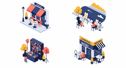 Naklejka premium Art cafe park book shop road city life set flat icon map isometric vector paris