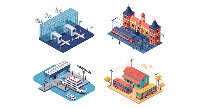 Isometric collection of major transportation hubs featuring airport railway station maritime ferry port and urban bus terminal