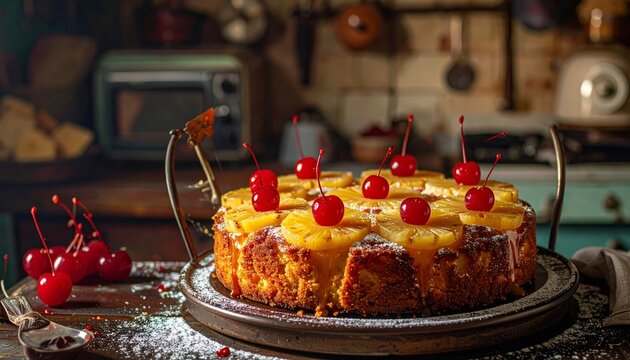 Old fashioned pineapple upside down cake with bright red maraschino cherries on top in a rustic kitchen setting