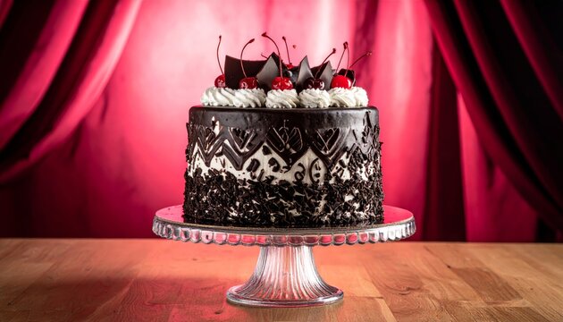 Ornate Black Forest Cake with Chocolate Shavings, Whipped Cream, and Cherries on a Cake Stand