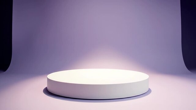 Minimalist white circular podium under soft spotlight in lavender studio. Perfect for luxury beauty, jewelry, or tech product launches