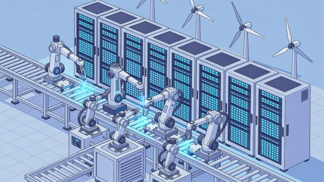 Futuristic data center with robotic arms and server racks in a high-tech environment