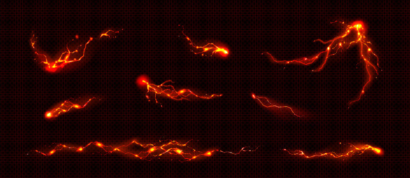 Thunder strikes with red lightning bolts and electric energy effects on transparent background. Powerful vector storm flashes, dramatic glowing border elements for dynamic power design