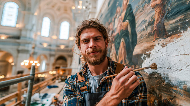 Art restorer painting fresco in historic cathedral