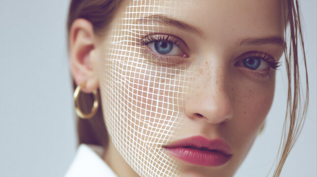 Woman face biometric scanning digital grid plain background