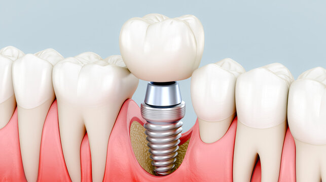 Dental implant screw crown assembly in human jaw bone