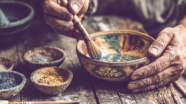 Potter painting ceramic bowl on rustic wooden table