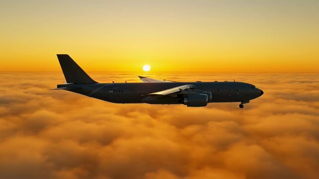 A passenger airplane gracefully soars through a vibrant sunset sky, enveloped in a sea of fluffy clouds, creating a breathtaking aerial view.