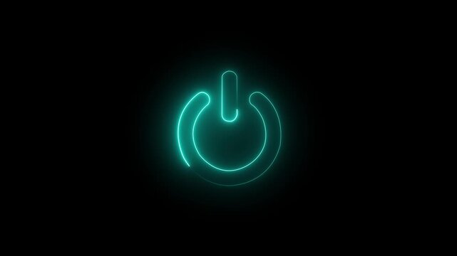 Neon power button animation. Animate power on off buttons with startup and shutdown effects .Neon glowing cyan color power button icon animated on a black background. HD video animation .