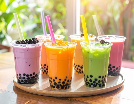 Taiwanesische Bubble Tea Auswahl mit bunten Tapiokaperlen