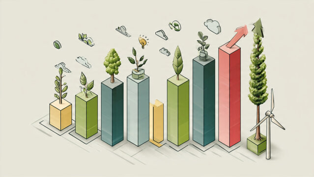 Growth Chart with Tall Green Trees and Rising Arrow in Market Trend Illustration
