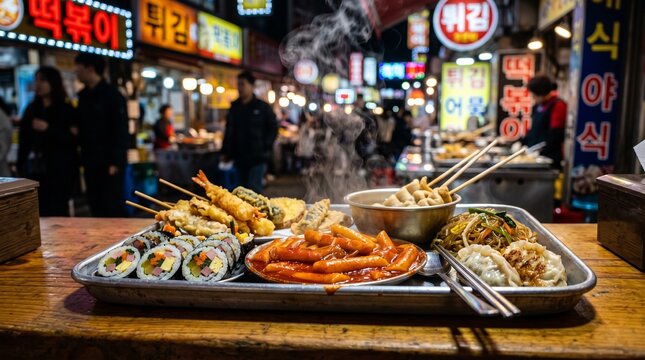 Korean Street Food Tray With Tteokbokki, Kimbap, Tempura Skewers and Dumplings at Night Market