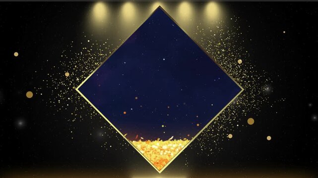 Golden confetti falls against dark background with diamond shapes and spotlights festive celebration motion graphics  video editing use